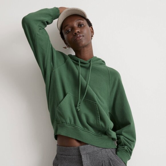 Madewell Varsity Green Terry Relaxed Raglan-Sleeve Hooded Sweatshirt - Picture 1 of 6